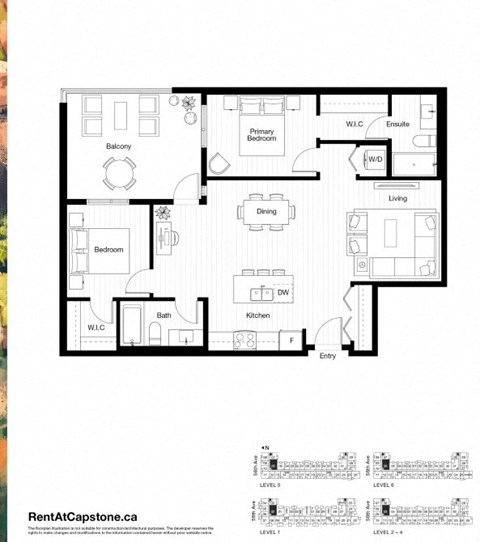 A floor plan of a house with a balcony, two bedrooms, a bathroom, a dining area, a kitchen, and an entry point.